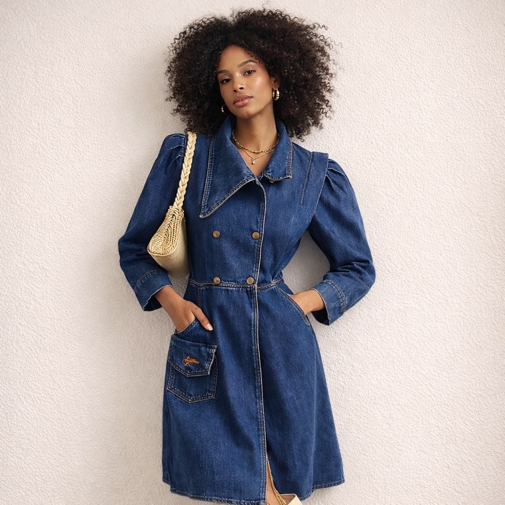 70s Santista Fantalai Denim Trench Dress – Brazilian Indigo Double Breasted Midi